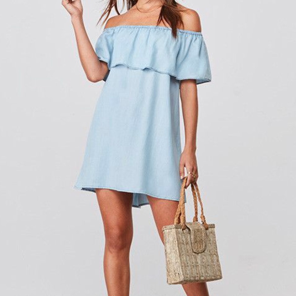 BB Dakota “Maci” off the shoulder chambray dress
